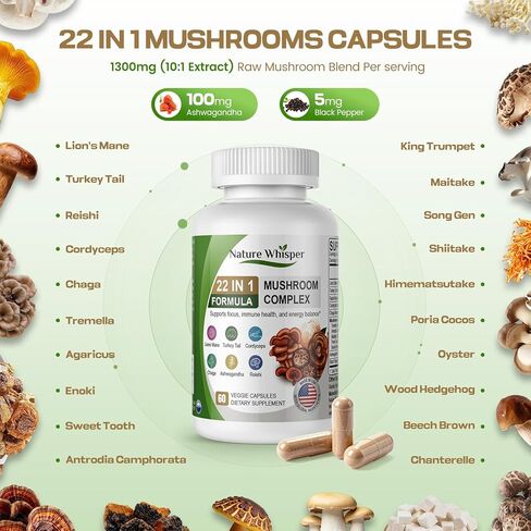 22 in 1 Lions Mane Mushroom Supplement with Ashwagandha | Black Pepper for Wellness Support, Mushrooms Complex with Turkey, Tail, Reishi, Cordyceps, Chaga, Maitake & More - 60 Capsules in Saudi Arabia
