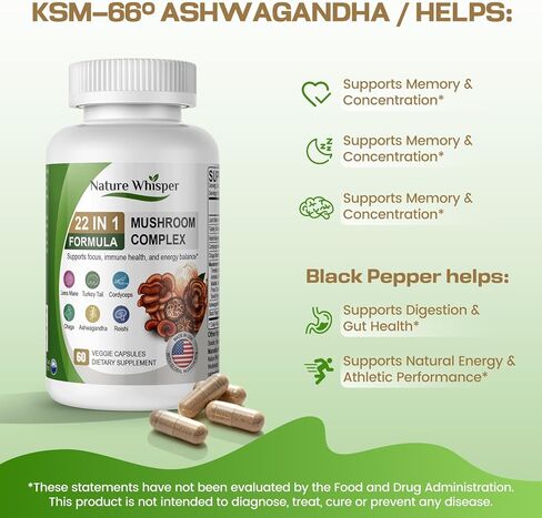 22 in 1 Lions Mane Mushroom Supplement with Ashwagandha | Black Pepper for Wellness Support, Mushrooms Complex with Turkey, Tail, Reishi, Cordyceps, Chaga, Maitake & More - 60 Capsules in Saudi Arabia