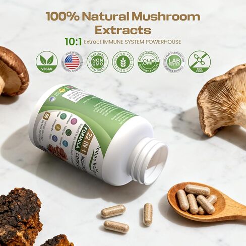 22 in 1 Lions Mane Mushroom Supplement with Ashwagandha | Black Pepper for Wellness Support, Mushrooms Complex with Turkey, Tail, Reishi, Cordyceps, Chaga, Maitake & More - 60 Capsules in Saudi Arabia
