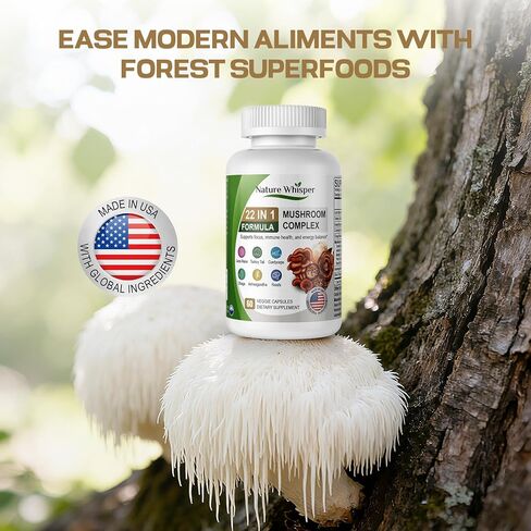 22 in 1 Lions Mane Mushroom Supplement with Ashwagandha | Black Pepper for Wellness Support, Mushrooms Complex with Turkey, Tail, Reishi, Cordyceps, Chaga, Maitake & More - 60 Capsules in Saudi Arabia