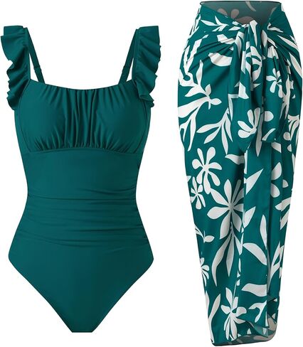 Women's Vintage One Piece Swimsuit with Skirt 2 Piece Bathing Suit Set with Cover Up Tummy Control Slimming Swimwear in Saudi Arabia