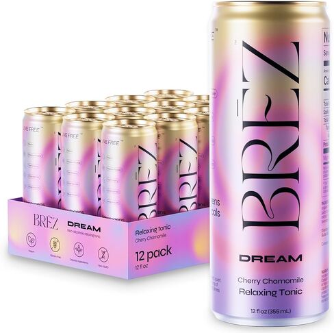 BRĒZ Dream Reishi Mushroom Drink, Non-Infused Relaxing Tonic with Reishi, Chamomile, Tart Cherry, Magnesium & L-Theanine, Vegan Adaptogen Drink for Sleep, Calm & Mood, 12 fl oz - 8 Pack in Saudi Arabia