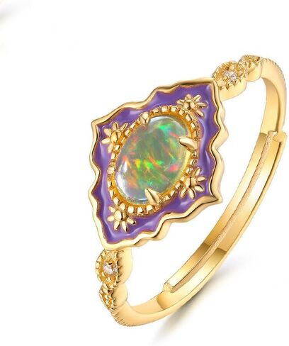 14K Solid Gold over S925 Vintage Enamel Opal Adjustable Ring,Classic Leaf Pattern, An Elegant Birthstone of October, Suitable Gift for Her Birthday in Saudi Arabia