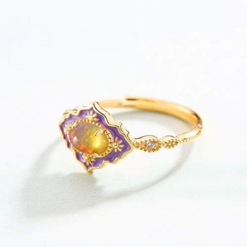 14K Solid Gold over S925 Vintage Enamel Opal Adjustable Ring,Classic Leaf Pattern, An Elegant Birthstone of October, Suitable Gift for Her Birthday in Saudi Arabia