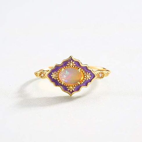 14K Solid Gold over S925 Vintage Enamel Opal Adjustable Ring,Classic Leaf Pattern, An Elegant Birthstone of October, Suitable Gift for Her Birthday in Saudi Arabia