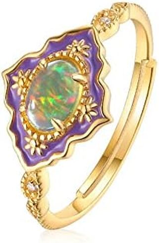 14K Solid Gold over S925 Vintage Enamel Opal Adjustable Ring,Classic Leaf Pattern, An Elegant Birthstone of October, Suitable Gift for Her Birthday in Saudi Arabia