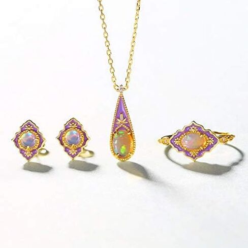 14K Solid Gold over S925 Vintage Enamel Opal Adjustable Ring,Classic Leaf Pattern, An Elegant Birthstone of October, Suitable Gift for Her Birthday in Saudi Arabia