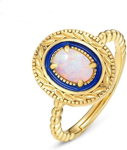 14K Solid Gold over S925 Vintage Enamel Opal Adjustable Ring,Classic Leaf Pattern, An Elegant Birthstone of October, Suitable Gift for Her Birthday in Saudi Arabia