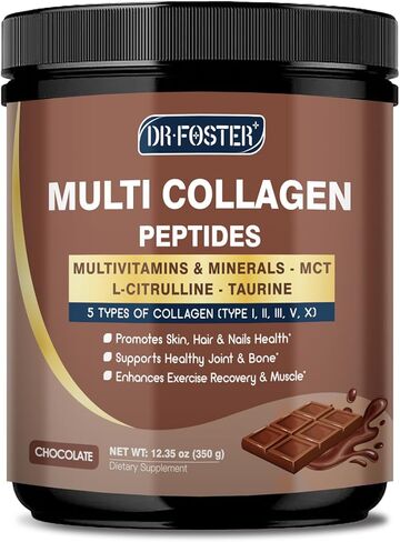 DRFOSTER Chocolate Collagen Peptides Powder for Women & Men, Multi Type I II III V X Collagen with multivitamins & Minerals for Skin, Hair & Nails & Joints, Non-GMO, 35 Servings in Saudi Arabia