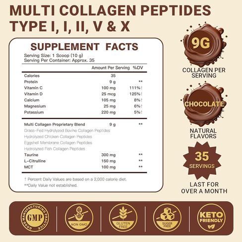 DRFOSTER Chocolate Collagen Peptides Powder for Women & Men, Multi Type I II III V X Collagen with multivitamins & Minerals for Skin, Hair & Nails & Joints, Non-GMO, 35 Servings in Saudi Arabia