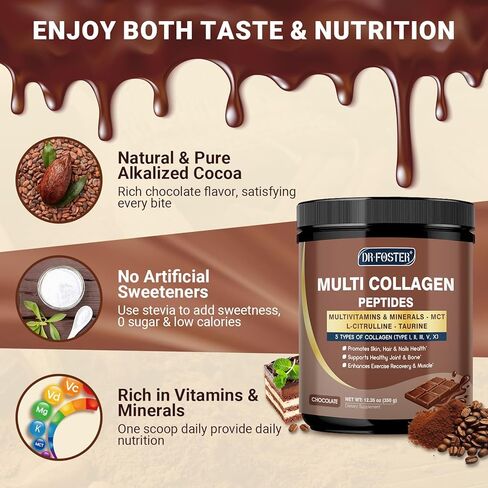 DRFOSTER Chocolate Collagen Peptides Powder for Women & Men, Multi Type I II III V X Collagen with multivitamins & Minerals for Skin, Hair & Nails & Joints, Non-GMO, 35 Servings in Saudi Arabia