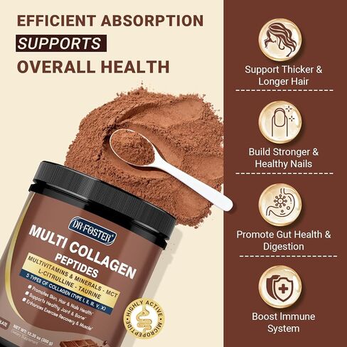 DRFOSTER Chocolate Collagen Peptides Powder for Women & Men, Multi Type I II III V X Collagen with multivitamins & Minerals for Skin, Hair & Nails & Joints, Non-GMO, 35 Servings in Saudi Arabia