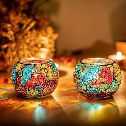 Colorful Mosaic Glass Tea Light Holders,Handmade Romantic Tealight Holders for Make Essential Oil Diffuser,Candle Lamp for Christmas, Wedding, Birthday Table Decor,Valentine's Day Gift in Saudi Arabia