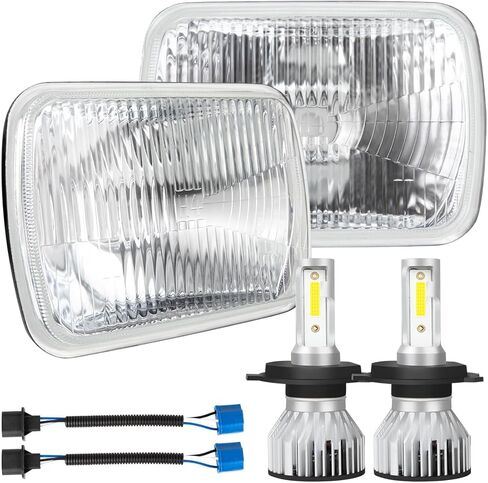 7X6 Inch H6054 Glass Square Headlight Housing + H4/9003 High Low Beam Bulbs for Cars,Truck and Van,Halogen Sealed High Low Dual Beam,OEM Style Original Classic Look Conversion Assembly Pair Kit in Kuwait