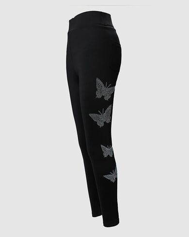 High Waisted Leggings for Womens Rhinestone Butterfly Decor Tummy Control Stretchy Slim Fit Causal Workout Yoga Activewear in Saudi Arabia
