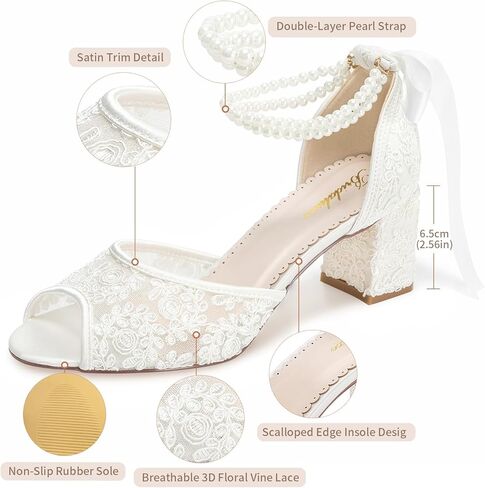 10520 Women’s Peep Toe Wedding Shoes 2.56 Inch Block Heel Lace Pearl Ankle Strap Bridal Heels in Saudi Arabia