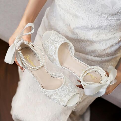 10520 Women’s Peep Toe Wedding Shoes 2.56 Inch Block Heel Lace Pearl Ankle Strap Bridal Heels in Saudi Arabia