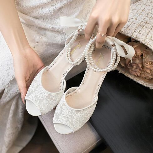 10520 Women’s Peep Toe Wedding Shoes 2.56 Inch Block Heel Lace Pearl Ankle Strap Bridal Heels in Saudi Arabia