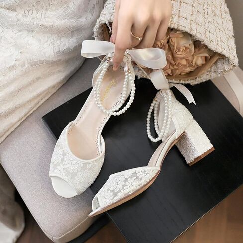 10520 Women’s Peep Toe Wedding Shoes 2.56 Inch Block Heel Lace Pearl Ankle Strap Bridal Heels in Saudi Arabia