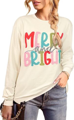 عيد ميلاد سعيد بلوزات المرأة جولي Crewneck البلوز العلوي الشنيل التصحيح شريط رسالة مطبوعة هدايا عيد الميلاد الأعلى in Kuwait