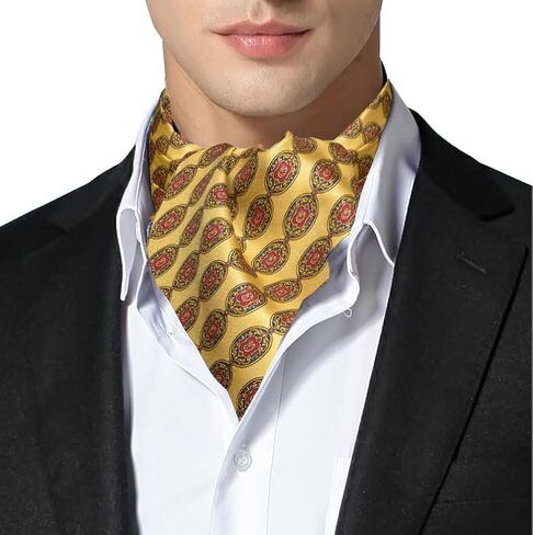 Made in Italy Men's Gold Yellow Paisley Pattern Self Cravat Ascot Tie, 100% Silk - No Duties and Customs in Saudi Arabia