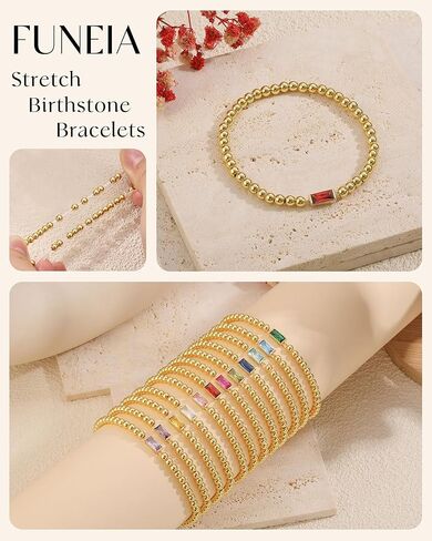 FUNEIA Birthstone Gold Beaded Bracelets for Women Non Tarnish Trendy Dainty 14K Gold Plated Cute Stackable Bead Stretch Friendship Bracelet Stack for Best Friend Couples Birthday Gifts Jewelry in Kuwait