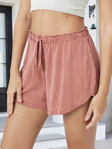 Women's Shorts Casual Loose Fit Wave Edge Adjustable Drawstring Waist Solid Color Soft Fabric Everyday Versatile in Saudi Arabia