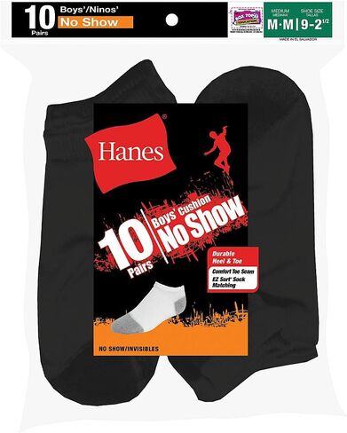 Hanes Boys' No-Show EZ Sort Socks (Pack of 10) Black M in Saudi Arabia