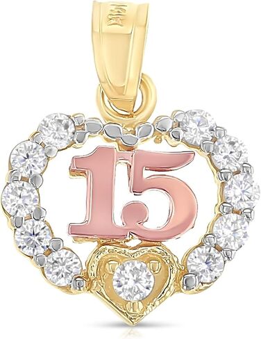 Ioka - قلادة صغيرة من الذهب بدرجتين من اللون عيار 14 قيراط حلوة لمدة 15 عامًا على شكل قلب Quinceanera من الزركونيوم CZ للقلادة أو السلسلة in Saudi Arabia