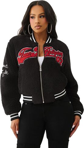 سترة نسائية من True Religion Varsity Chenille Bomber | معطف شتوي للنساء برقع جريئة وأزرار كبس in Saudi Arabia