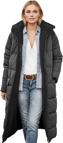 Womens Reversible Long Puffer Coat Sherpa Lined Hooded Winter Jacket in Saudi Arabia