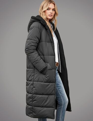 Womens Reversible Long Puffer Coat Sherpa Lined Hooded Winter Jacket in Saudi Arabia