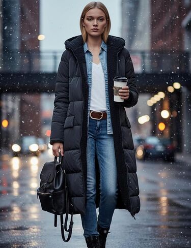 Womens Reversible Long Puffer Coat Sherpa Lined Hooded Winter Jacket in Saudi Arabia