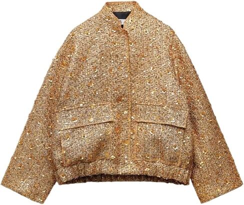 Metal Color Sequin Woven Jacket For Women Loose Stand Collar Long Sleeve Coat Gold 2023 Autumn Winter Chic Female Outwear in Saudi Arabia
