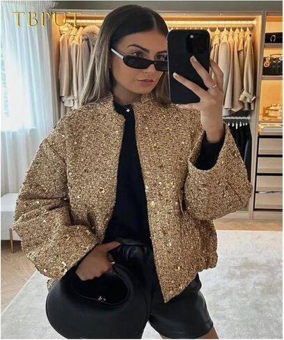 Metal Color Sequin Woven Jacket For Women Loose Stand Collar Long Sleeve Coat Gold 2023 Autumn Winter Chic Female Outwear in Kuwait