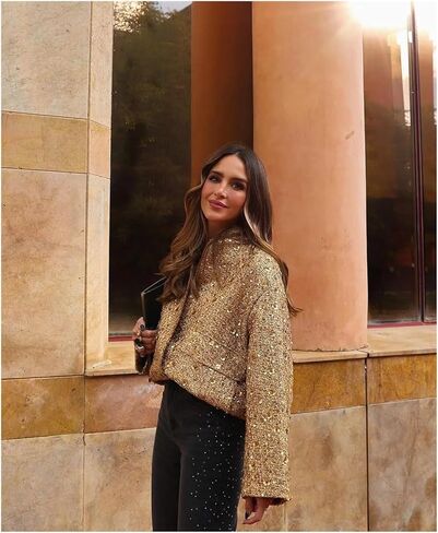 Metal Color Sequin Woven Jacket For Women Loose Stand Collar Long Sleeve Coat Gold 2023 Autumn Winter Chic Female Outwear in Kuwait