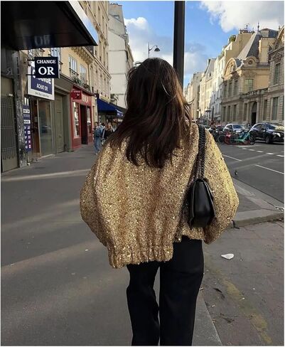 Metal Color Sequin Woven Jacket For Women Loose Stand Collar Long Sleeve Coat Gold 2023 Autumn Winter Chic Female Outwear in Kuwait