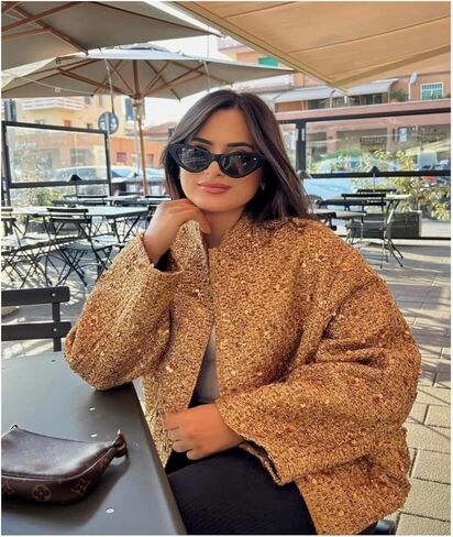 Metal Color Sequin Woven Jacket For Women Loose Stand Collar Long Sleeve Coat Gold 2023 Autumn Winter Chic Female Outwear in Kuwait