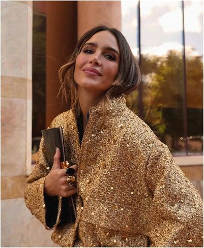 Metal Color Sequin Woven Jacket For Women Loose Stand Collar Long Sleeve Coat Gold 2023 Autumn Winter Chic Female Outwear in Kuwait
