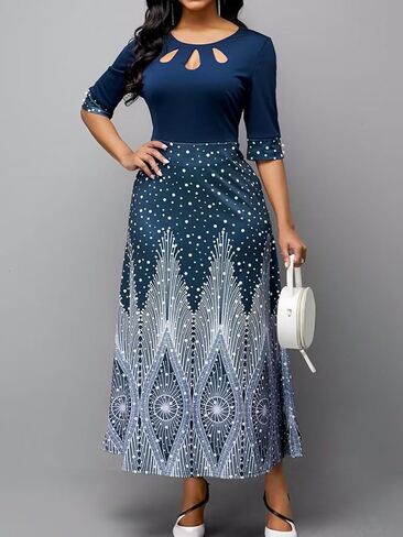 Plus Size Women's Fashionable Casual Elegant Random Print Off-Sleeve Hollow-Out Round Neck Party Dress in Saudi Arabia