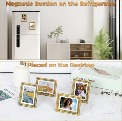 Magnetic Photo Frames for Refrigerator 4 Pcs,Vintage Mini Fridge Magnets Picture Frame 3.54 x 2.75 Inch(Gold) in Saudi Arabia