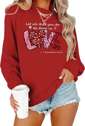 Valentine Day Sweatshirt for Women Romantic Love Print Sweater Valentine Love Heart Graphic Casual Long Sleeve Tops in Kuwait
