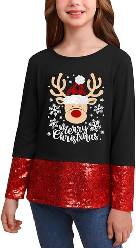 Toddler Girl's Christmas Sequin Long Sleeve Printed Sparkly Shirt Xmas Cute Casual Top Black Reindeer 6 Years in Saudi Arabia