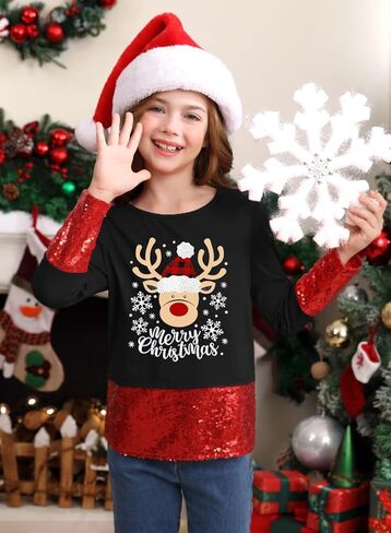 Toddler Girl's Christmas Sequin Long Sleeve Printed Sparkly Shirt Xmas Cute Casual Top Black Reindeer 6 Years in Saudi Arabia