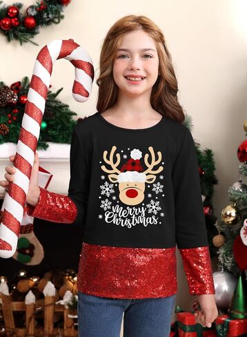 Toddler Girl's Christmas Sequin Long Sleeve Printed Sparkly Shirt Xmas Cute Casual Top Black Reindeer 6 Years in Saudi Arabia