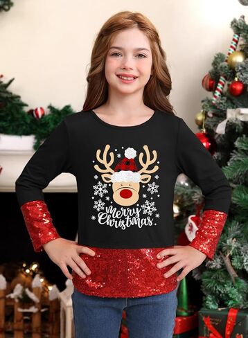 Toddler Girl's Christmas Sequin Long Sleeve Printed Sparkly Shirt Xmas Cute Casual Top Black Reindeer 6 Years in Saudi Arabia