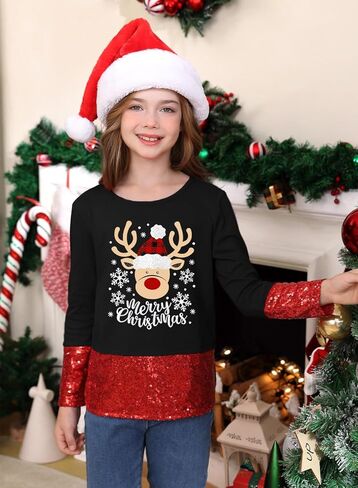 Toddler Girl's Christmas Sequin Long Sleeve Printed Sparkly Shirt Xmas Cute Casual Top Black Reindeer 6 Years in Saudi Arabia