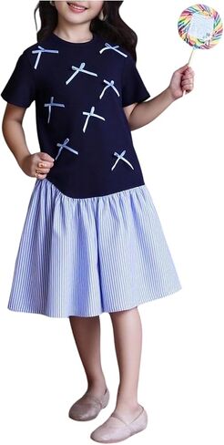 Floerns Girl's Casual Striped Short Sleeve Dress Colorblock Bow Preppy Midi Dresses in Saudi Arabia