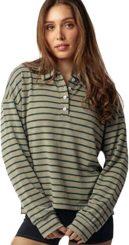 تي شيرت Almere قطني طويل الأكمام من Henley كبير الحجم، مخطط بأزرار سفلية، مناسب للصديق in Kuwait