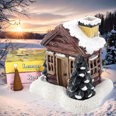 Lovely Log Cabin Incense Burner, Mini Snowy Winter Chimney Cottage Ash Catcher, Yoga Accessories Meditation Accessories, Home Chimney Decorations, 20 Pcs Handmade Incense Cones in Saudi Arabia
